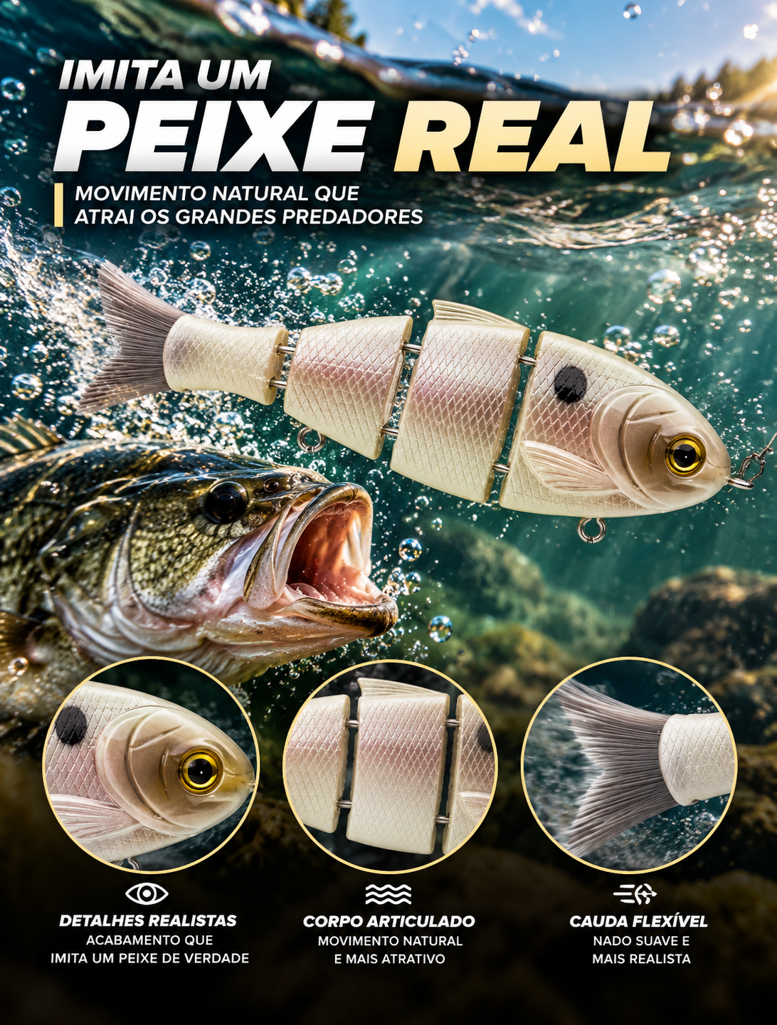 Bucca Brand Baby Bull Shad 3.75” – Isca Artificial Articulada Swimbait Pearl Bone