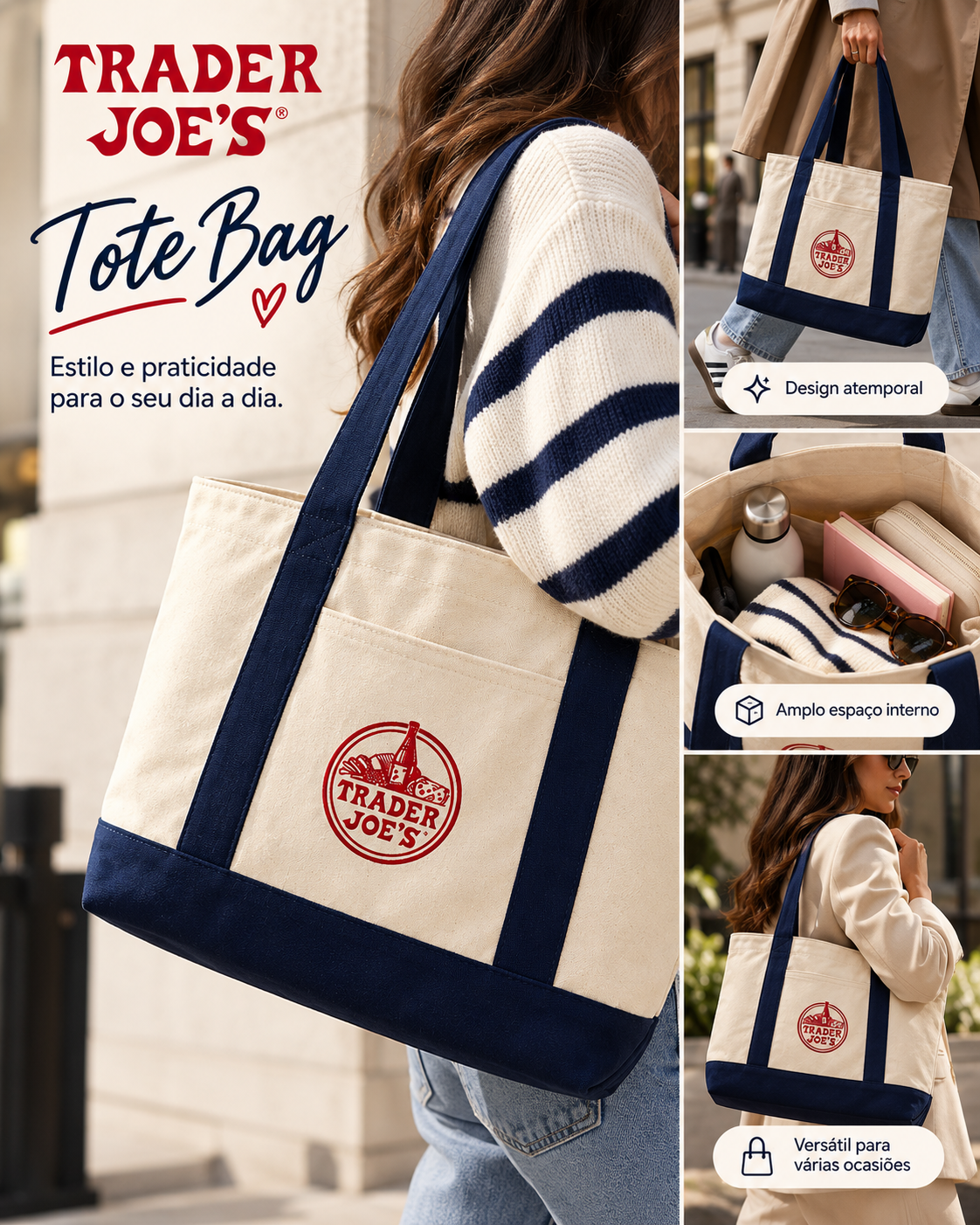 Trader Joe’s Tote Bag Navy Blue – Bolsa de Lona Grande Original