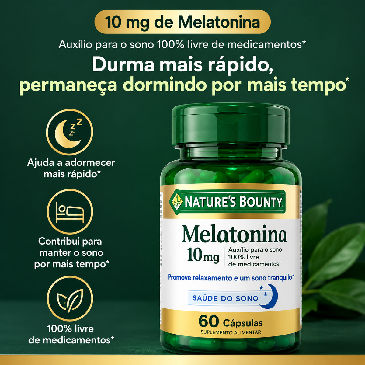 Nature’s Bounty Melatonina 10 mg – Kit 2 Frascos com 60 Cápsulas Cada (120 Cápsulas)
