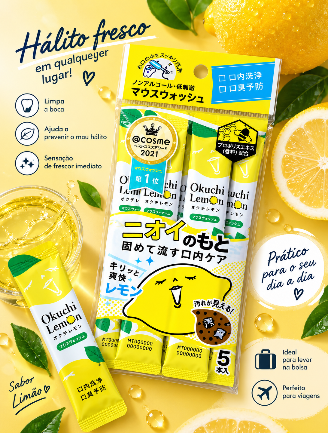 Vitat Japan Okuchi Lemon Mouthwash – Enxaguante Bucal Portátil Sabor Limão 25 Sachês (5 x 5)