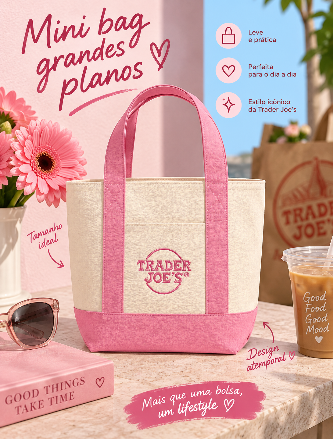 Trader Joe’s Mini Tote Bag Spring  – Bolsa de Lona Edição Limitada