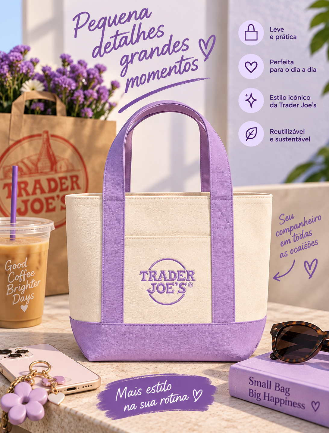 Trader Joe’s Mini Tote Bag Spring  – Bolsa de Lona Edição Limitada