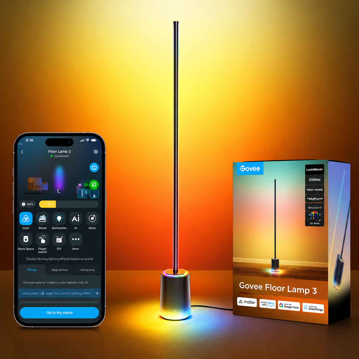 Govee Floor Lamp 3 LuminBlend+ Luminária de Piso LED Inteligente RGBWWIC 2100 Lumens Preto