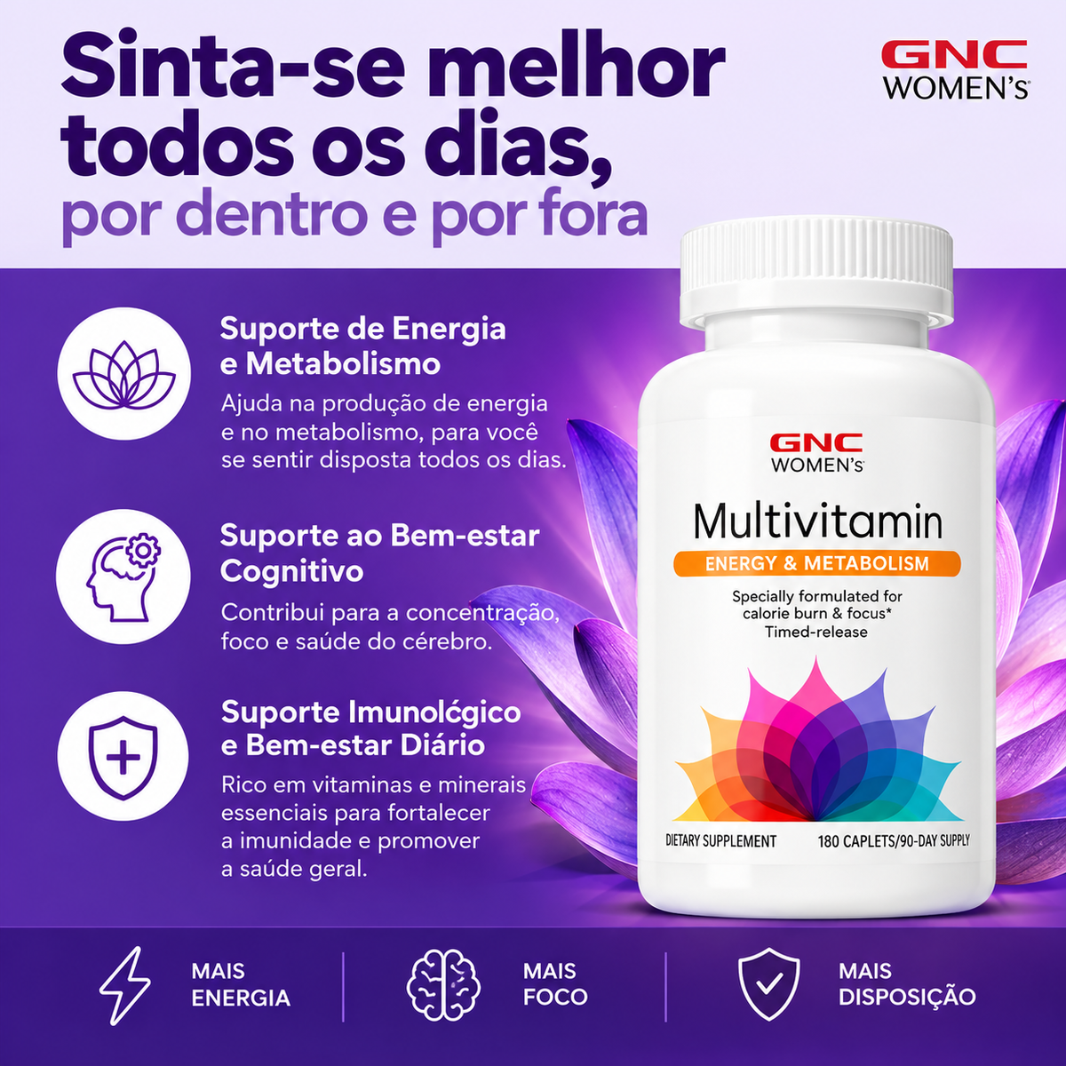 GNC Women's Energy & Metabolism Multivitamínico Feminino com Cafeína 100mg – 180 Comprimidos