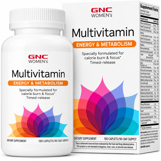 GNC Women's Energy & Metabolism Multivitamínico Feminino com Cafeína 100mg – 180 Comprimidos