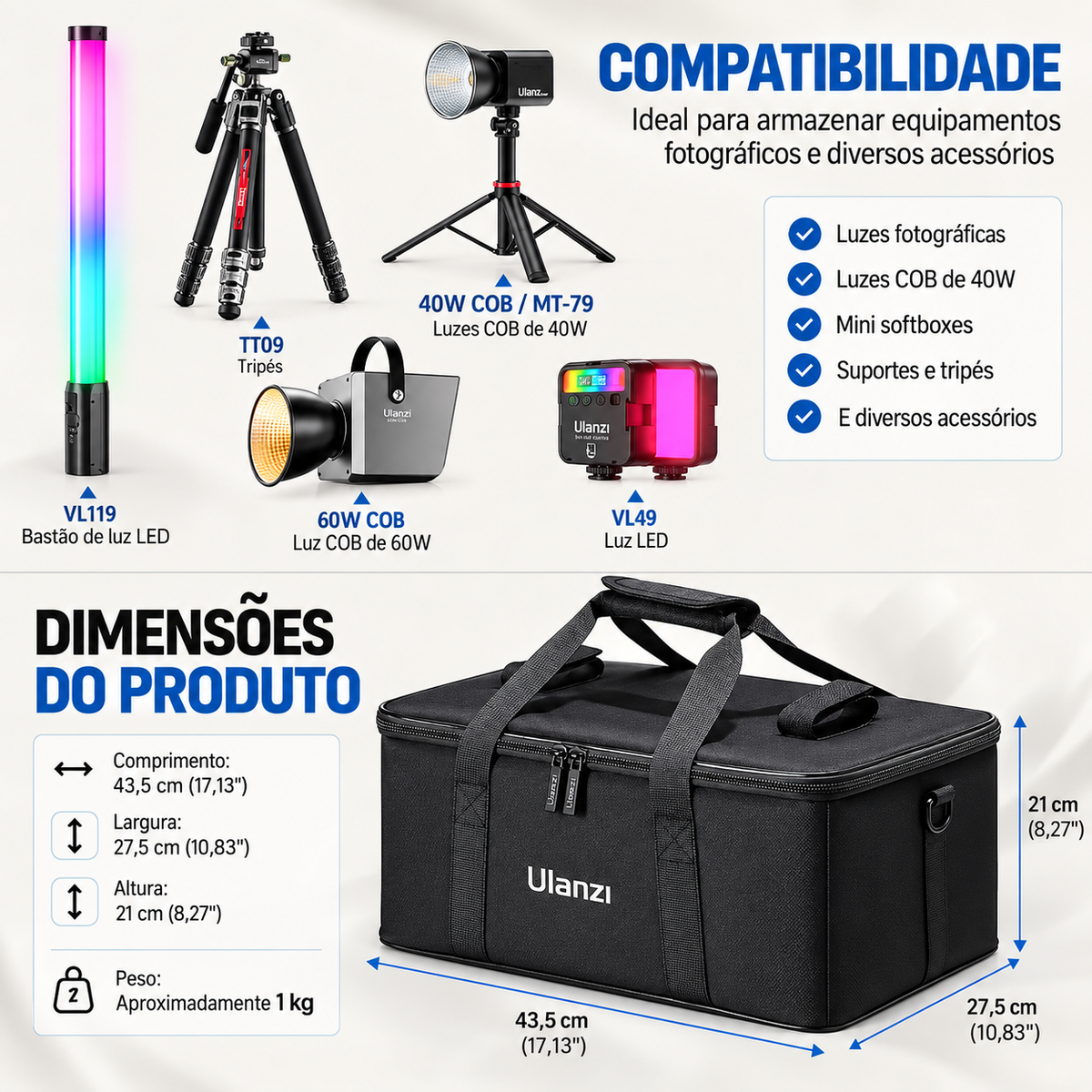 ULANZI OM-01 Bolsa Profissional para Equipamentos Fotográficos e Iluminação